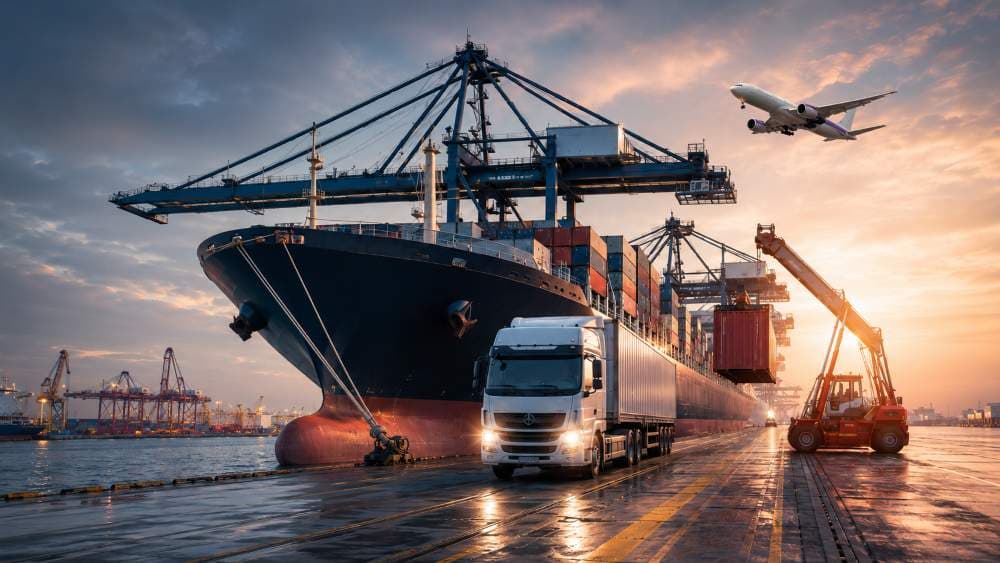 Cargo ship, truck, crane, and aircraft operating at a port terminal