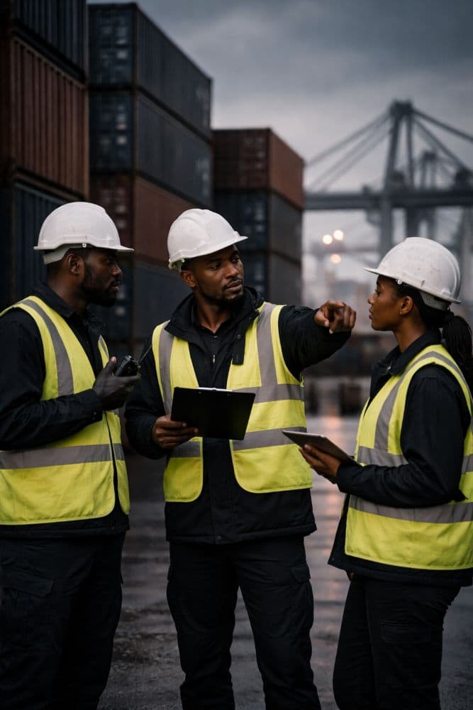 Port operations team coordinating equipment and staffing at a seaport